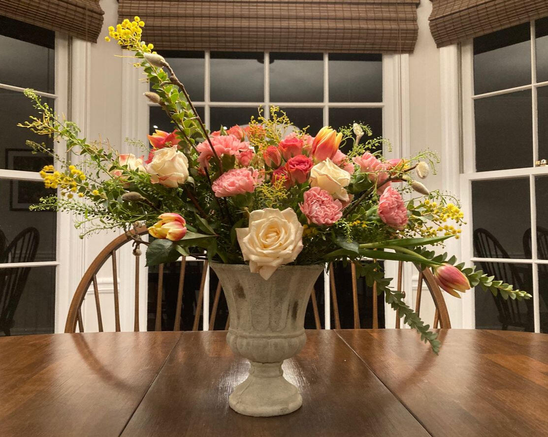 Flemish style centerpiece in pink and yellow